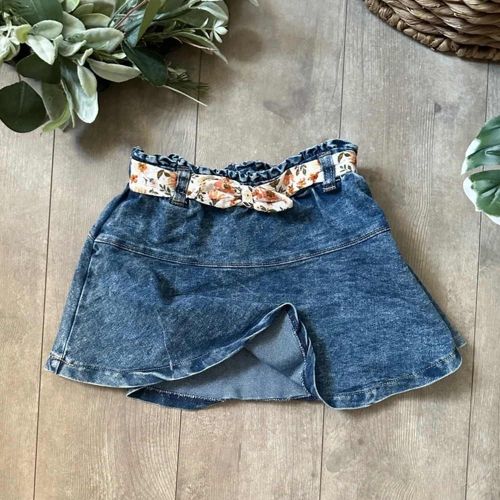 Little Lass Girl’s Denim Skirt With Floral front retro waistline-90s style